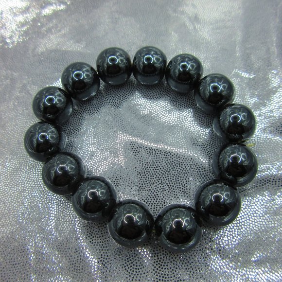 Hematite 14mm Round 7" Stretchy Gemstone Bracelet - Picture 2 of 3